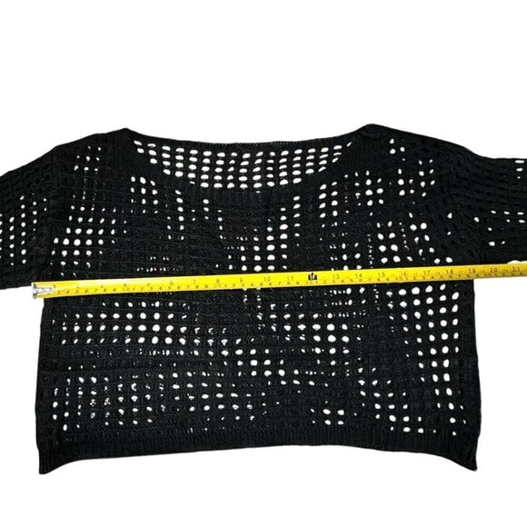 New Black Cropped Crochet Knit Mesh Sweater Top Sz.M Bell Sleeve Grunge Goth Y2K - Picture 4 of 7